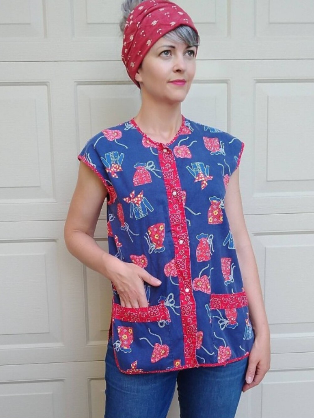 western print SLEEVELESS ART SMOCK 1970's S